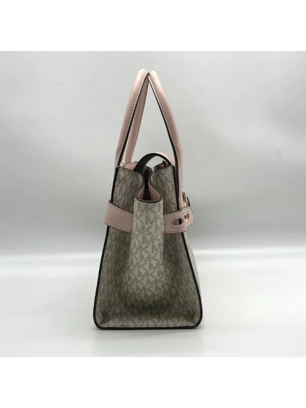 Michael Kors Carmen Vanilla/Powder Blush Signature Canvas Medium Belted Satchel